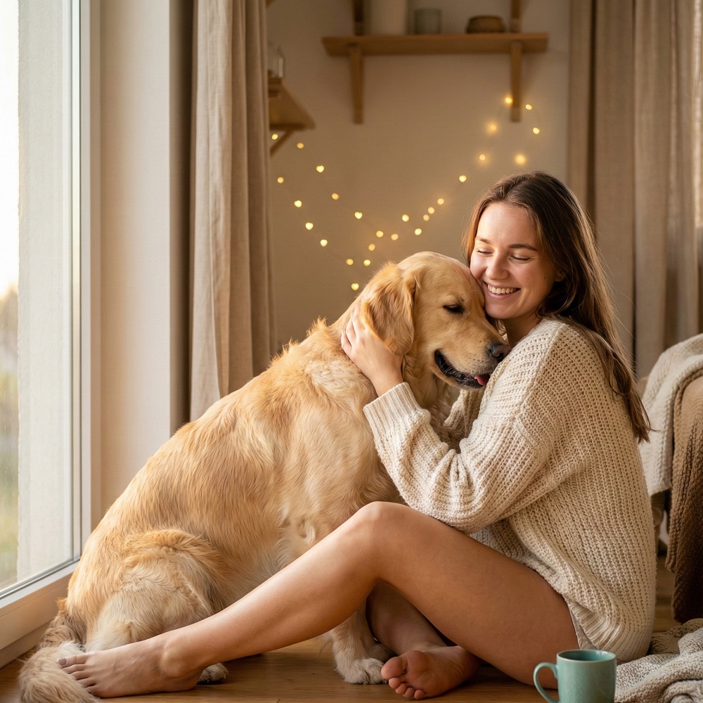 αγάπη για τα κατοικίδια – γυναίκα αγκαλιάζει τρυφερά τον σκύλο της σε ζεστό οικιακό περιβάλλον